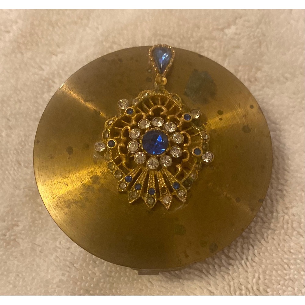 Vintage Brass Compact Mirror Lipstick Holder Blue Rhinestone Filigree Gold Tone